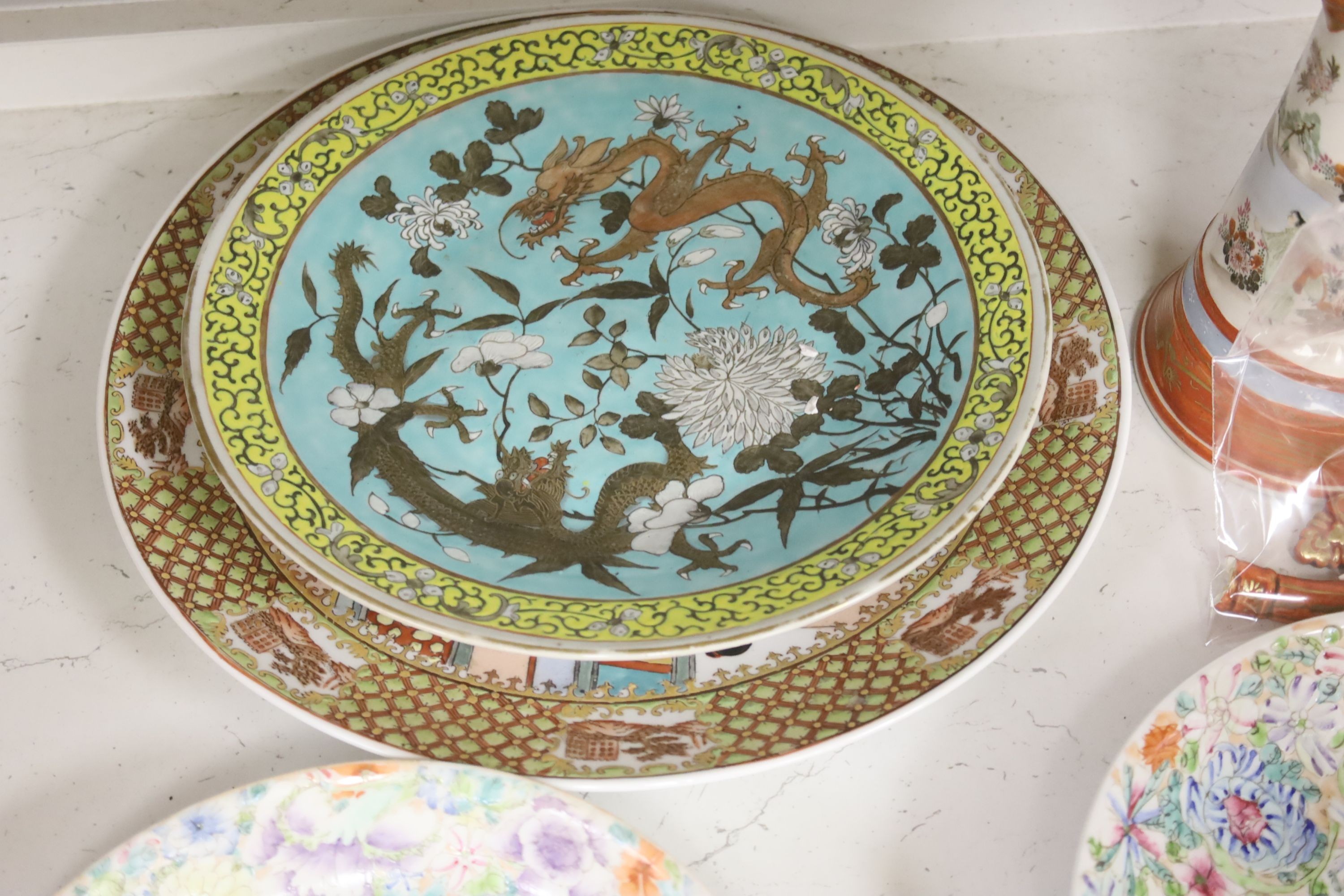 Two Chinese ‘millefleur’ dishes, a turquoise ground ‘Dragon’ dish Guangxu mark and period, a late 19th century famille rose jar etc.